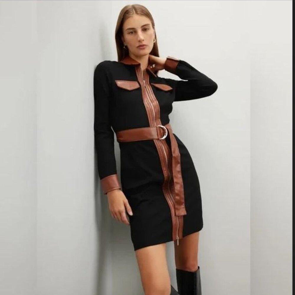 Derek Lam Collective Tie Waist Black Dress with Tan Faux Leather Accents